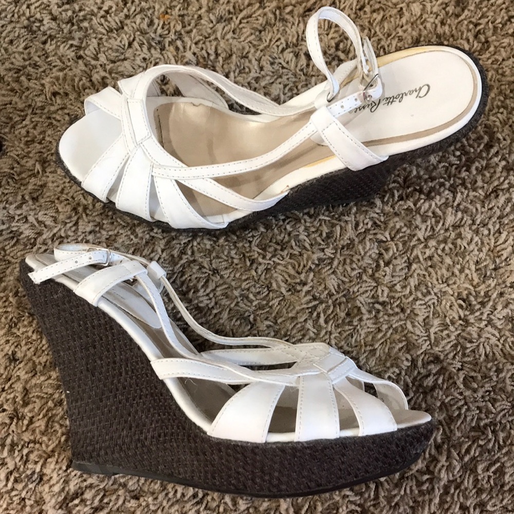 Charolette Russe Wedges. “5 heel. White and brown.